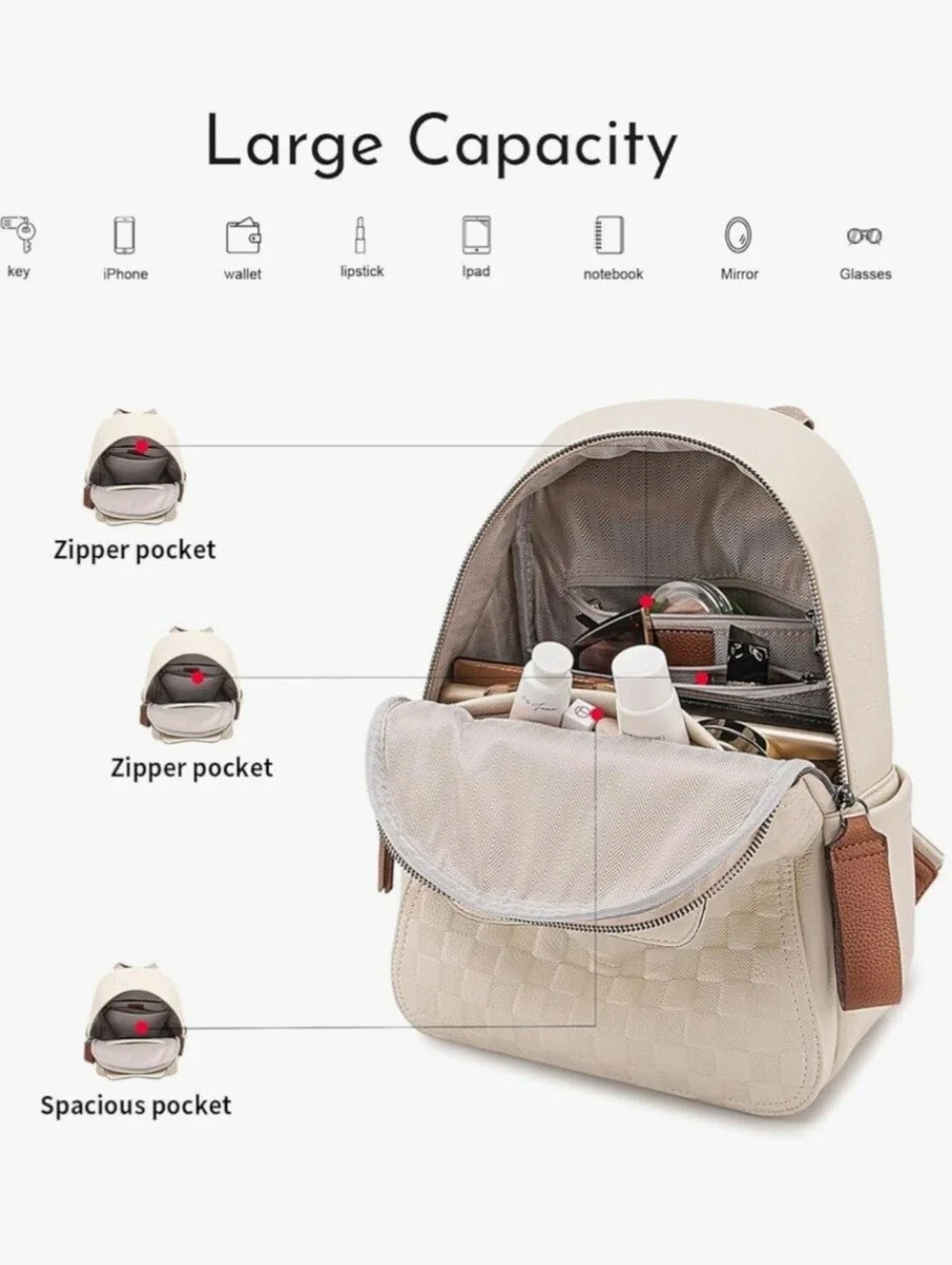 1 Left! Stylish Elegant Cream Textured Checker Vegan Leather Backpack Rucksack